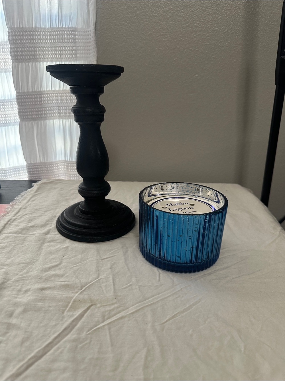 Malibu Lagoon Blue MercuryGlass Candle Jar & Black Wood candle stick. NWT